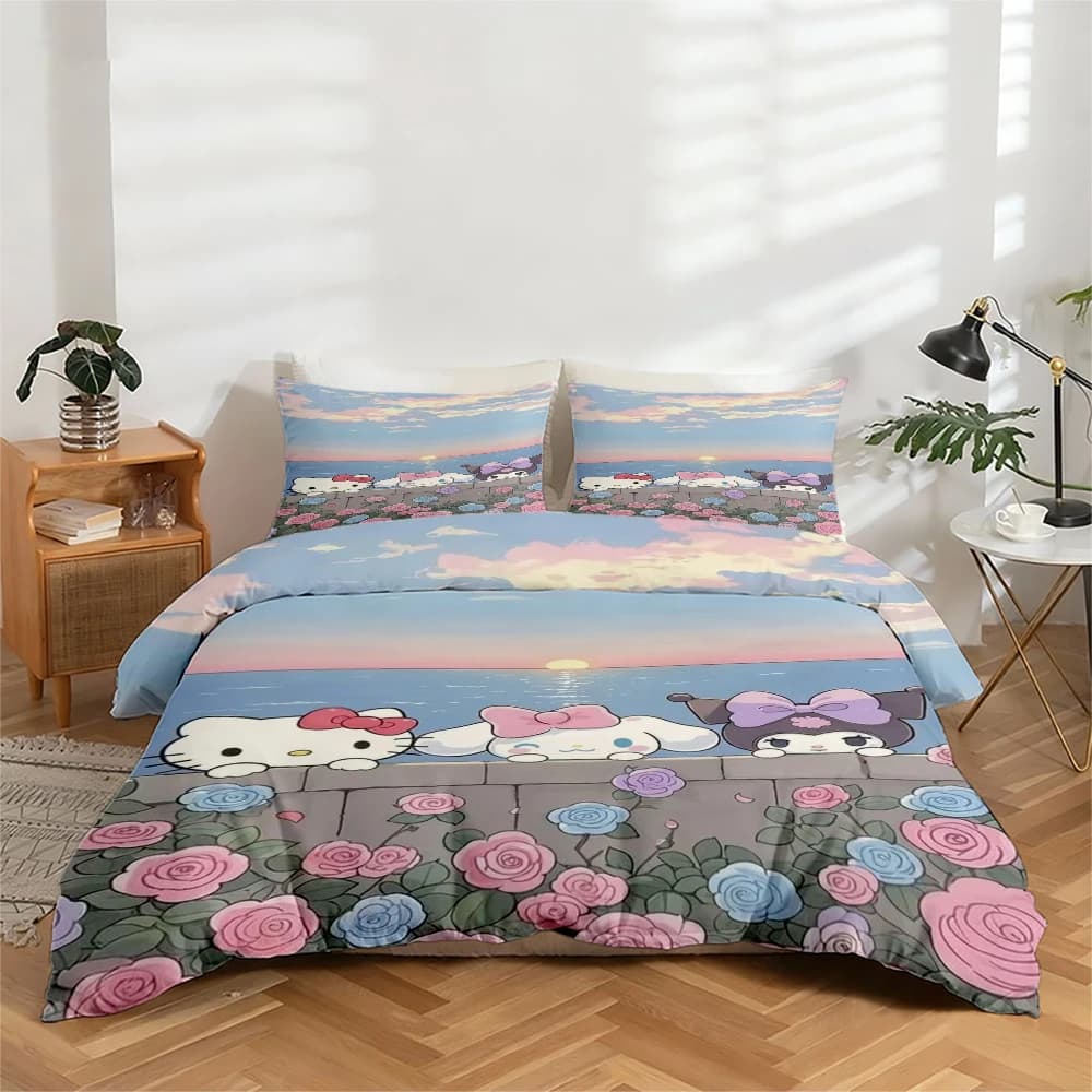 Set di biancheria da letto con stampa digitale ad alta definizione in 3 pezzi con motivi Hello Kitty, My Melody e Kuromi, include 1 copripiumino + 2 federe, adatto per camera da letto, camera degli ospiti, decorazioni per la casa, copripiumino + federe in fibra di poliestere, biancheria da letto ultra morbida, tessuto spesso, adatto a tutte le stagioni, lavabile in lavatrice