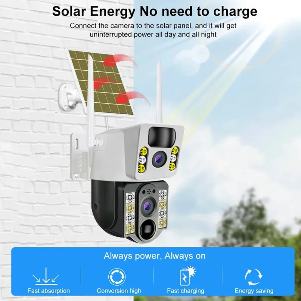 Telecamera Solare Wireless 4G con Doppia Lente 8MP 4K, Visione Notturna PIR, WiFi, IP Camera V380 Pro per Sicurezza e Monitoraggio CCTV