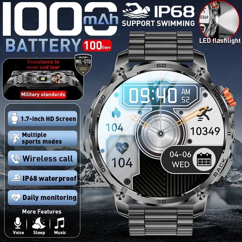 Smartwatch Sportivo da Esterno 2026 Nuovo Modello Militare con Batteria da 1000mAh, Impermeabile IP68, Torcia LED, Chiamate Bluetooth, per Uomo