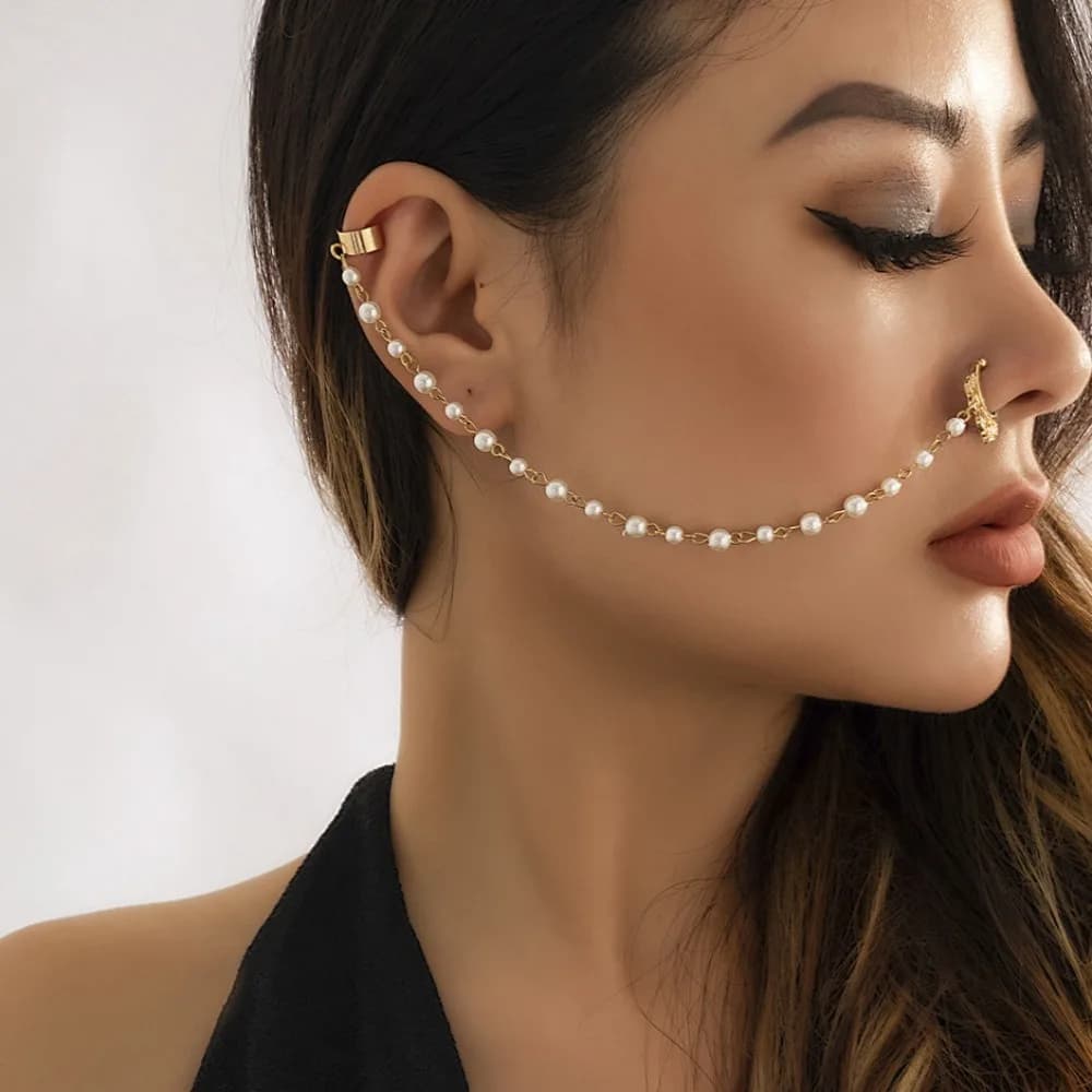 New Fashion Piercing Jewelry Women Personality Imitation Pearl Butterfly Tassel Chain Cool Temperament Earrings