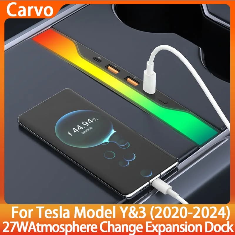 Per Tesla Model 3 Y PD27W Ricarica rapida Tipo C Docking station per pickup luce ambientale Adattatore per console centrale hub LED USB 4 in 1