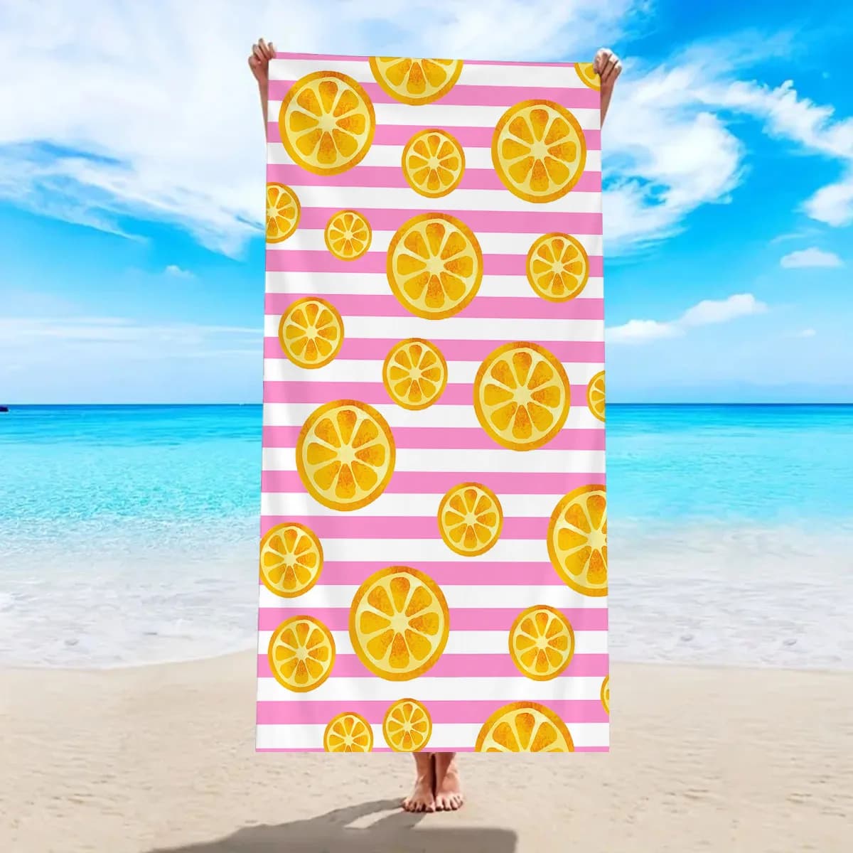Telo Mare a Righe con Fette di Limone e Motivo Frutta, Asciugatura Rapida, in Microfibra, per Vacanze Estive, Piscina, Yoga, Viaggi