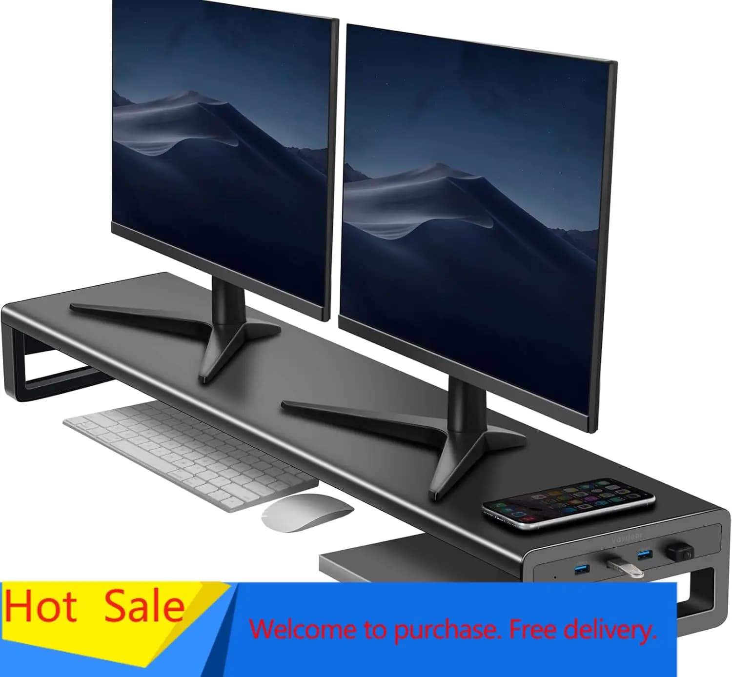 Supporto per Doppio Monitor con Porte USB 3.0, Stand in Metallo per 2 Computer, TV, PC, Stampante, Altoparlanti Multimediali