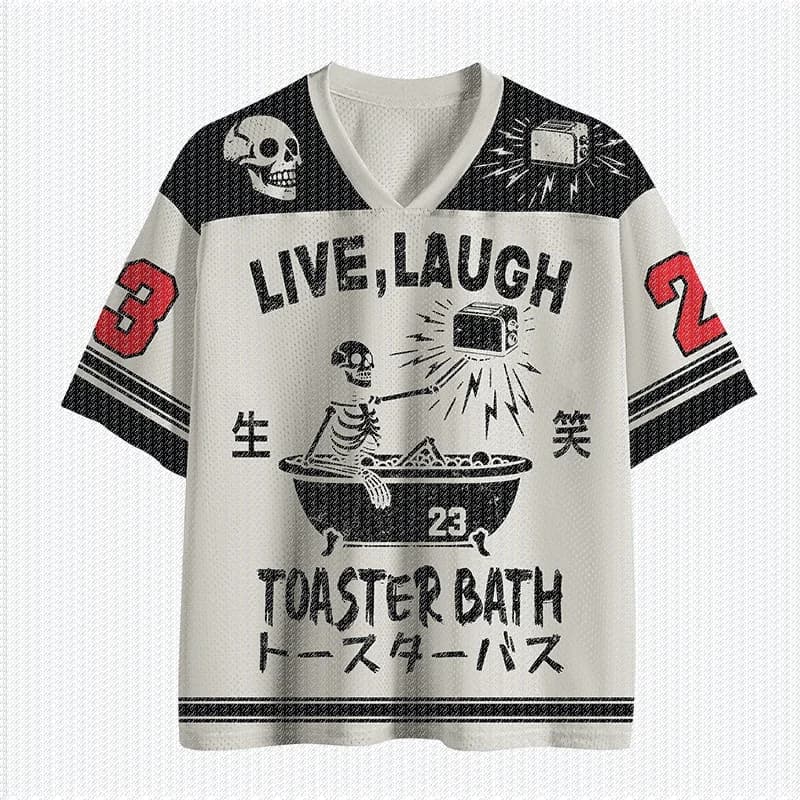 V Neck White Black Color Block Mesh Jersey T Shirt Skeleton Bathtub Toaster Graphic Number Print Retro Punk Streetwear Top