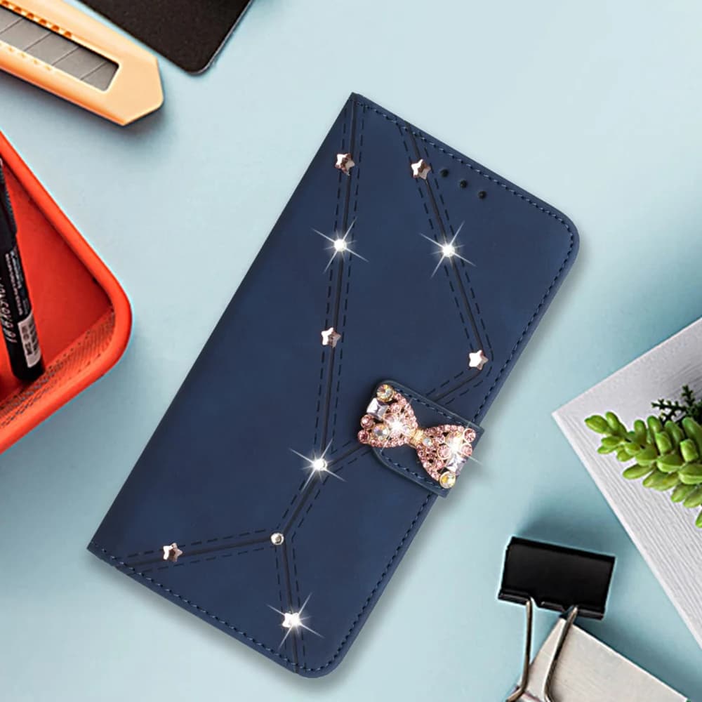 Rhineston Bowknot Clip Leather Wallet Case For Samsung Galaxy A71 A51 A21 A70 A50 A40 A30 A20 Wrist Rope 3 Cards Flip Cover