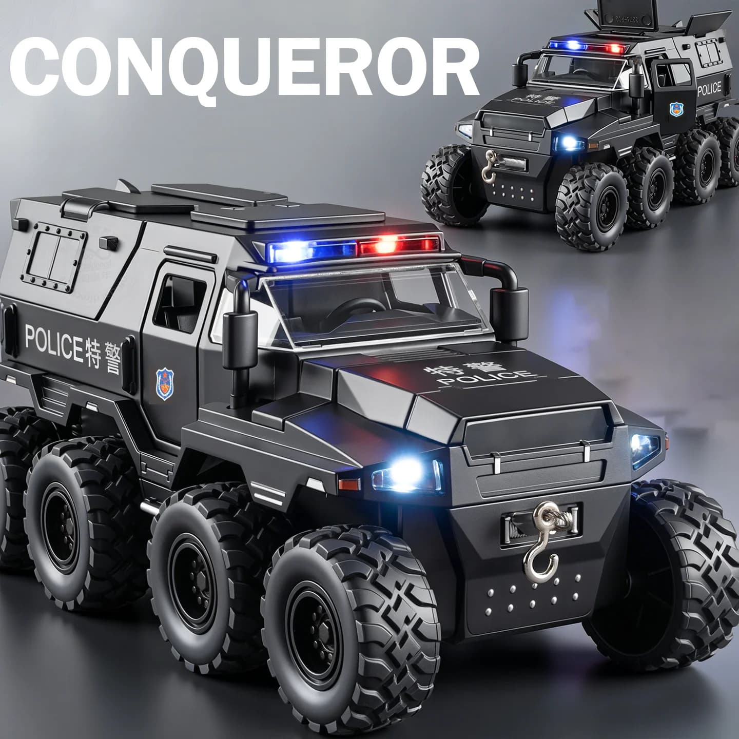 Modellino Auto della Polizia SWAT Conqueror 1:32, Veicolo Fuoristrada in Metallo Pressofuso con Suoni e Luci, Porte Apribili, Modelli Educativi