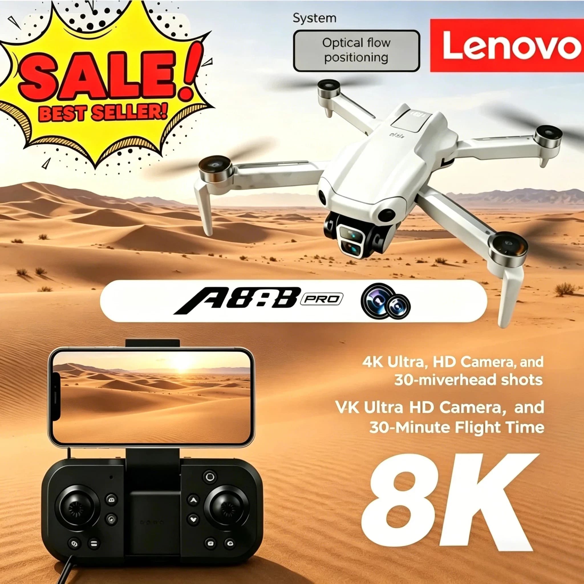 Drone Professionale Lenovo A888 5G WIFI Pro 4K con Doppia Fotocamera, Schermo RC, Motore Brushless e Evitamento Ostacoli