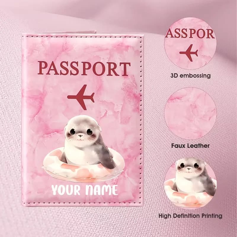 Personalized Custom Name Cute Seal Illustration Design Passport Holder, Cute Marine Animal Pattern Presents Warm Healing Style
