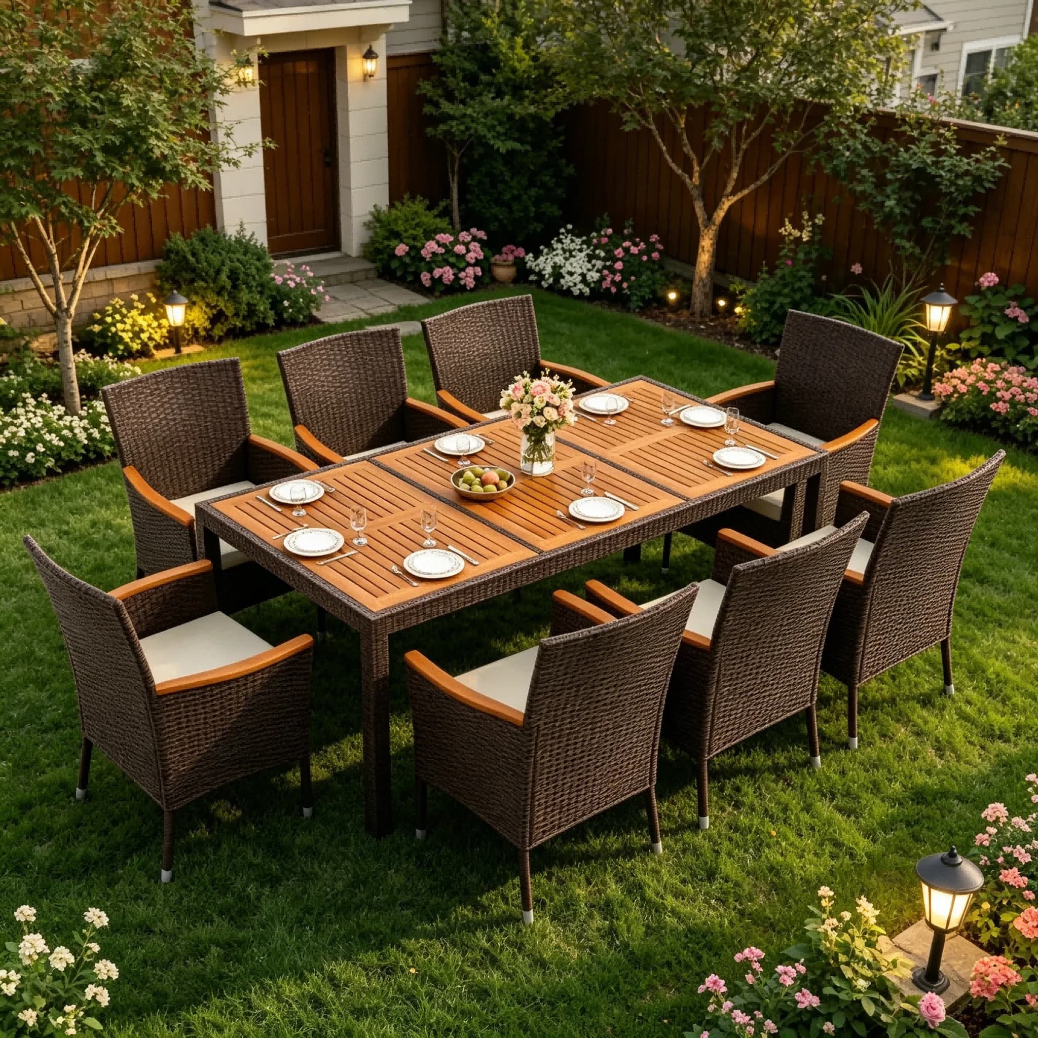 Flamaker Set da pranzo per esterni da 9 pezzi, tavolo in legno di acacia, sedie da giardino in vimini con morbidi cuscini per cortile, balcone, giardino