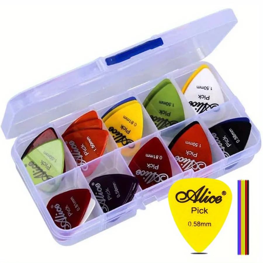 48 pz/scatola Alice Plettri per Chitarra Palette per Chitarra Colorate in Plastica con Scatola di Immagazzinaggio Trasparente Spessore 0.58-1.50mm JXB