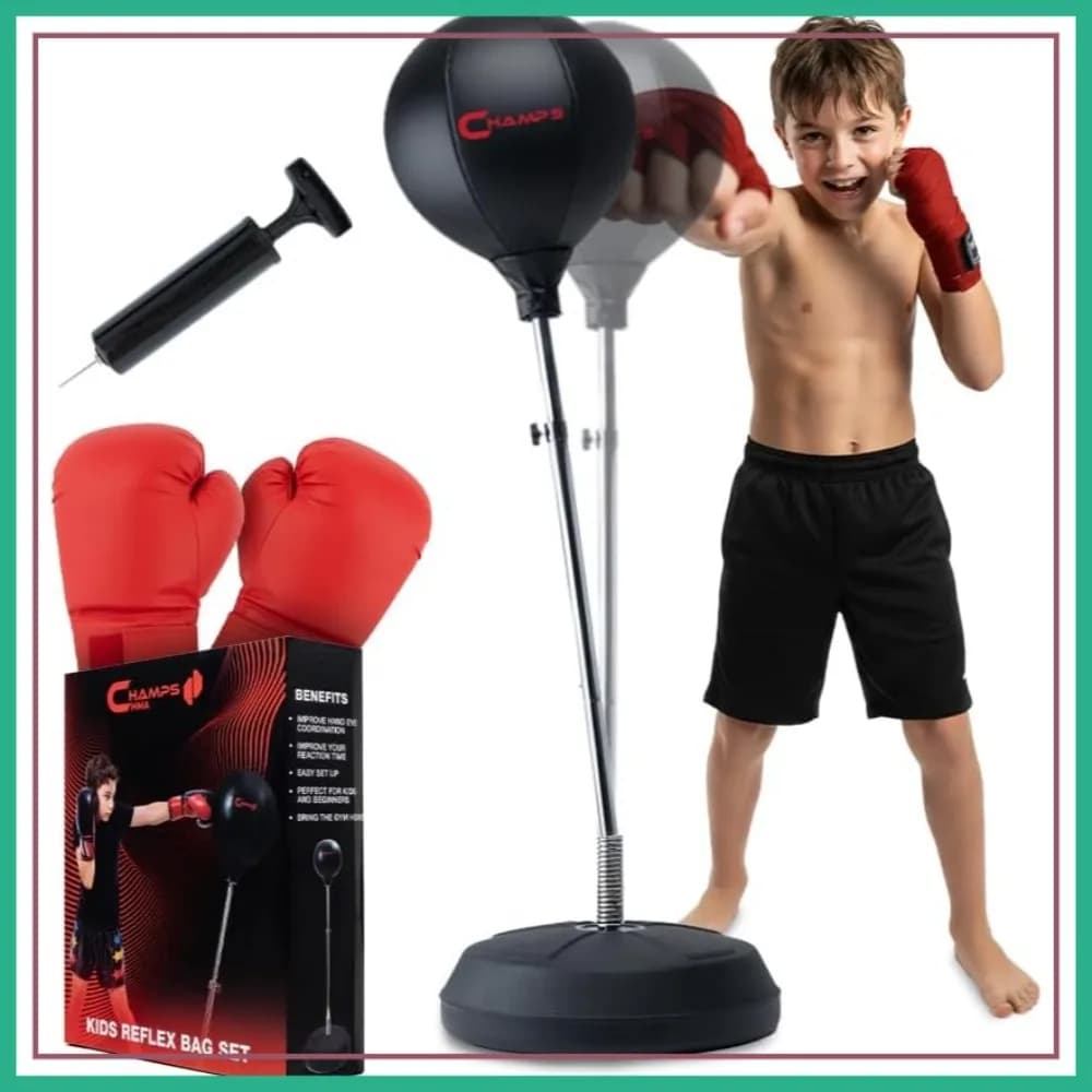 Sacco da Boxe Regolabile per Bambini con Supporto, Sacco da Boxe Autoportante, Set da Boxe Gonfiabile con Guanti per Bambini dai 6 ai 16 Anni