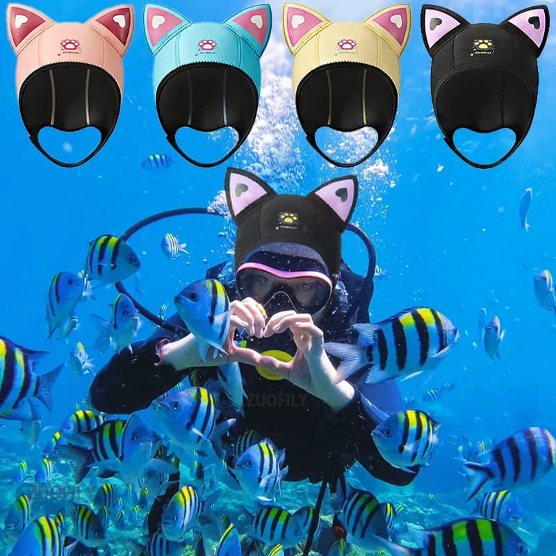 3MM Neoprene diving cap with Neck Laces, Waterproof Hat with Cat for Women, Mute Hood, Swimming Hat, Snorkeling Hood