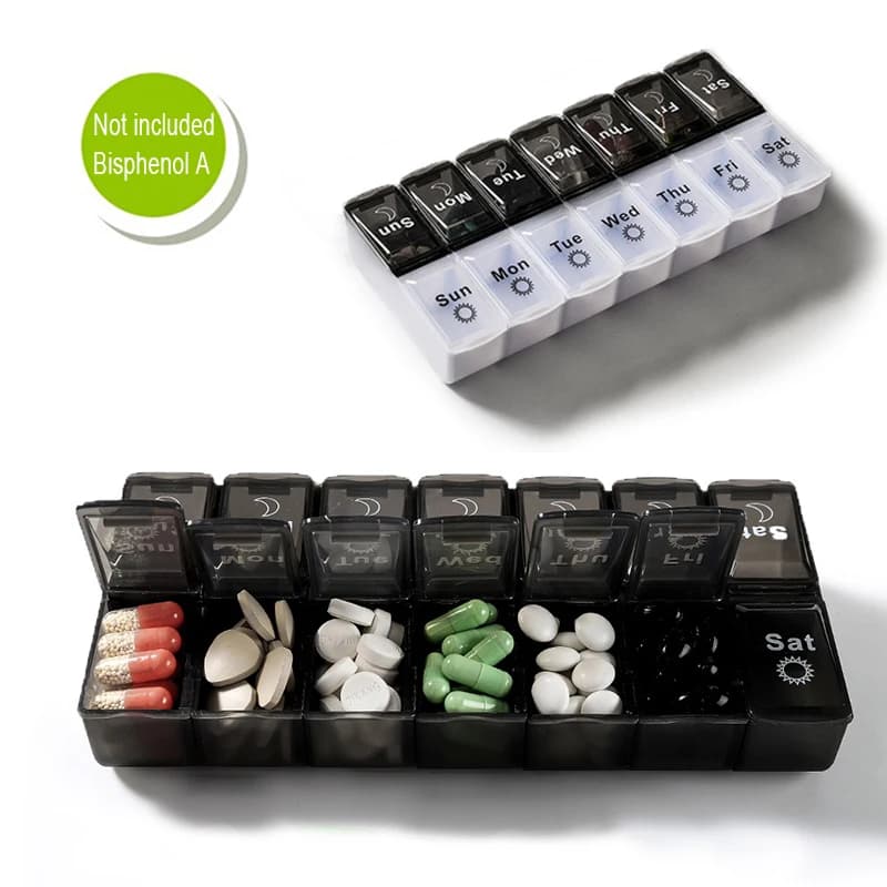 Weekly pills 7 Days in English, Container for Vitamins and Medicines, Travel Organizer for Tablets