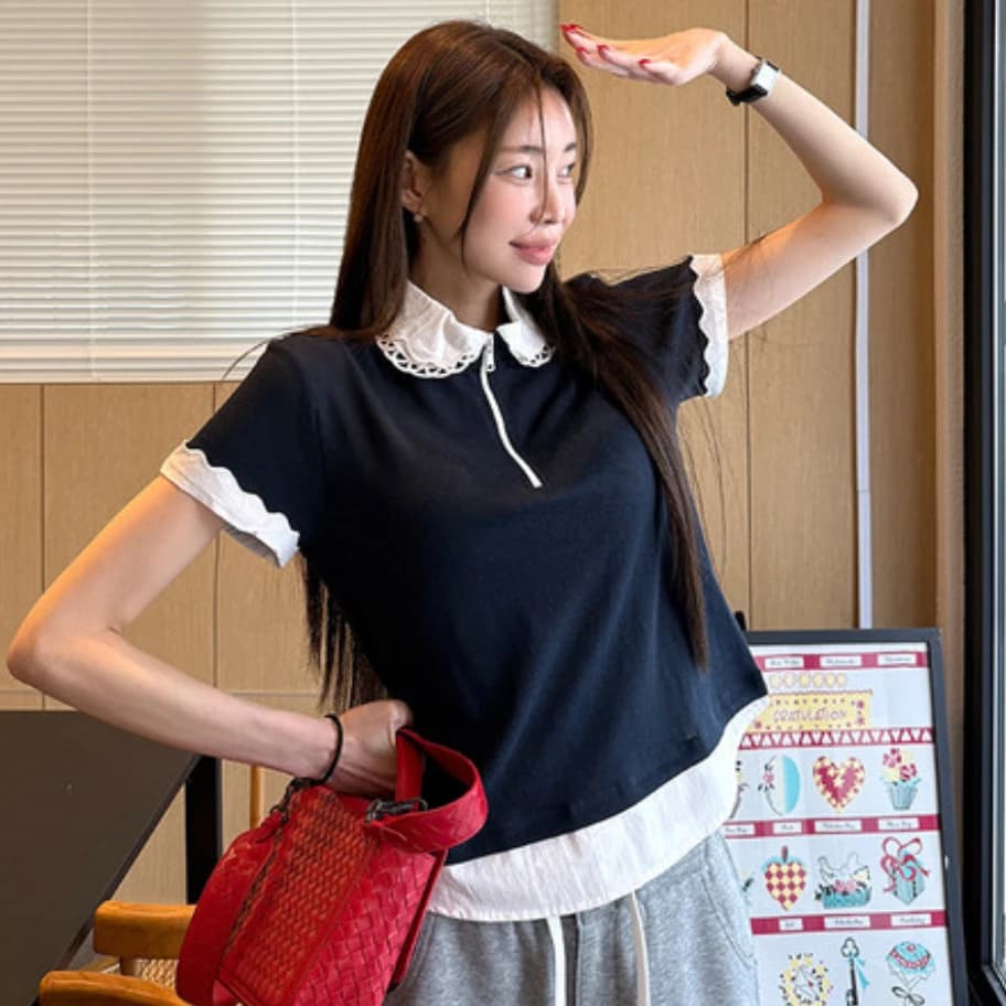 T-shirt Chic alla Moda Slim Fit a Maniche Corte da Donna, Top Casual con Colletto a Bambola, Nuovo Stile Primavera Estate, Stile Coreano Casual