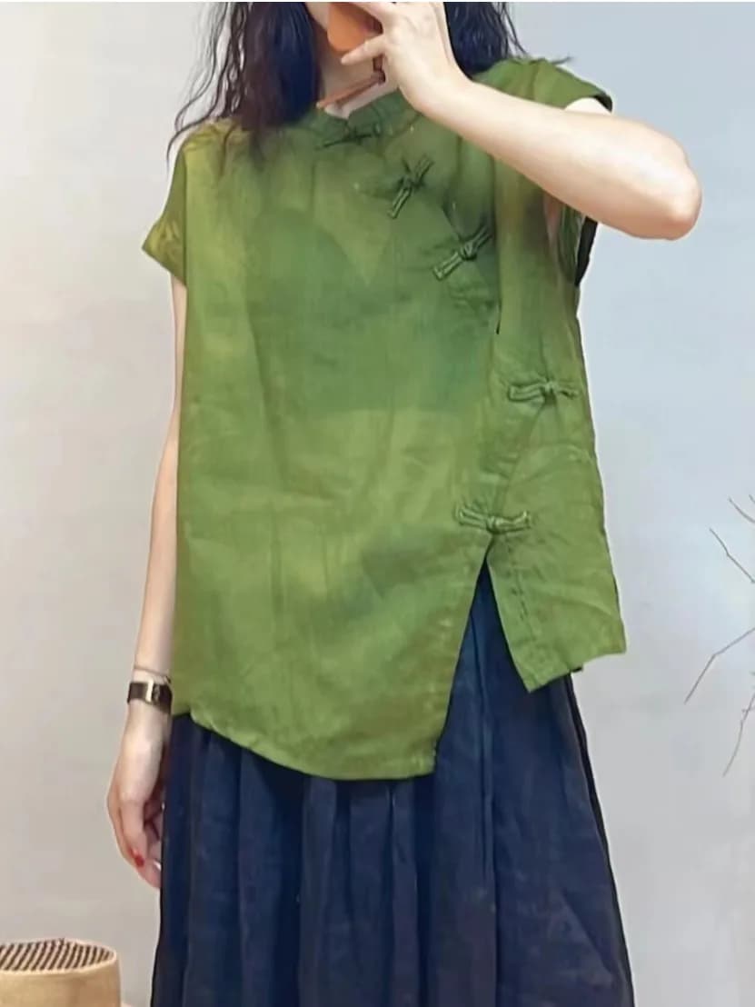 Camicia in Lino Leggera e Traspirante Tinta Unita da Donna, Blusa Estiva a Maniche Corte con Bottoni Stile Cinese Asimmetrica
