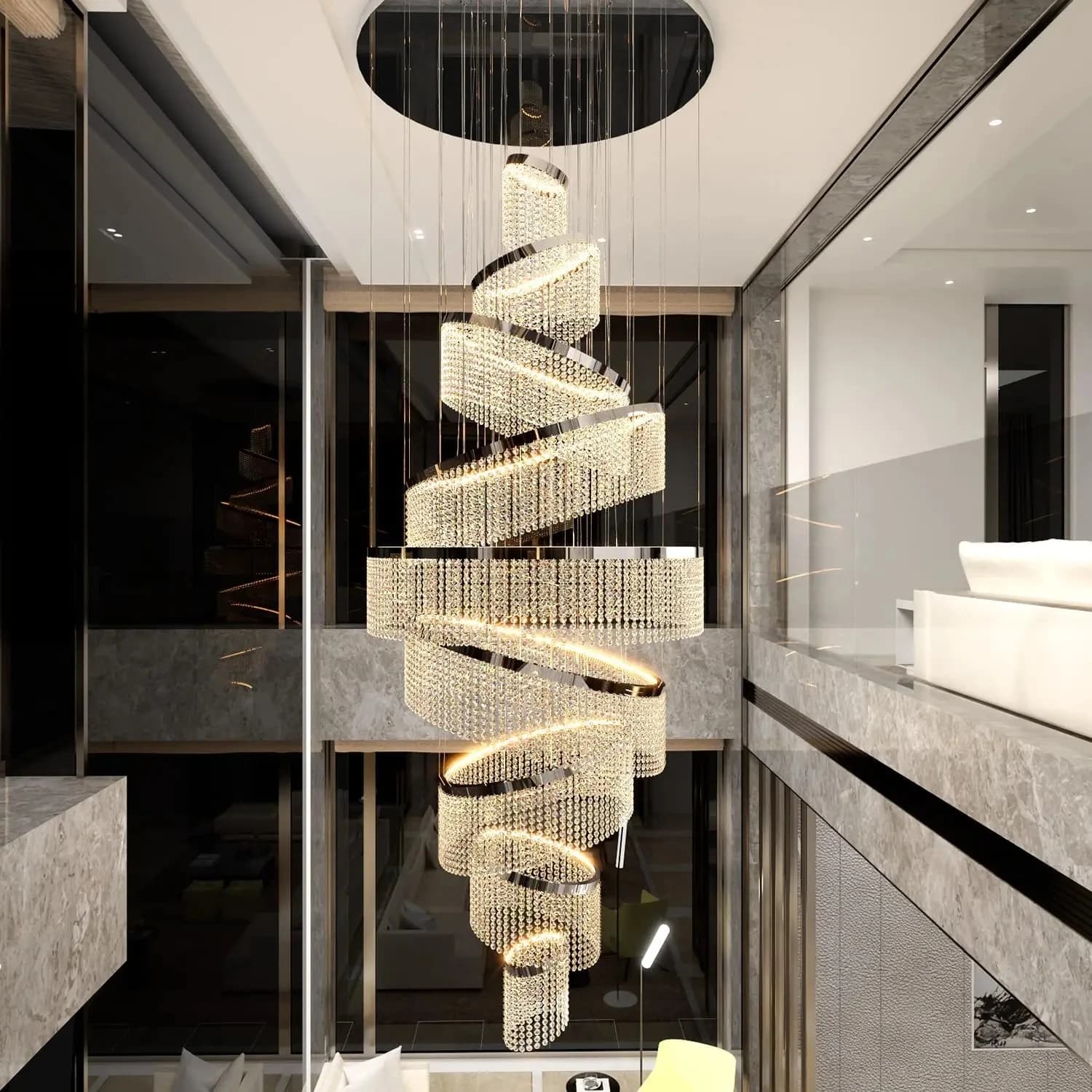 Large Crystal Chandelier Ring For High Ceiling Modern K9 Crystal Raindrop Chandelier Round Staircase Foyer Villa Led Dimmable