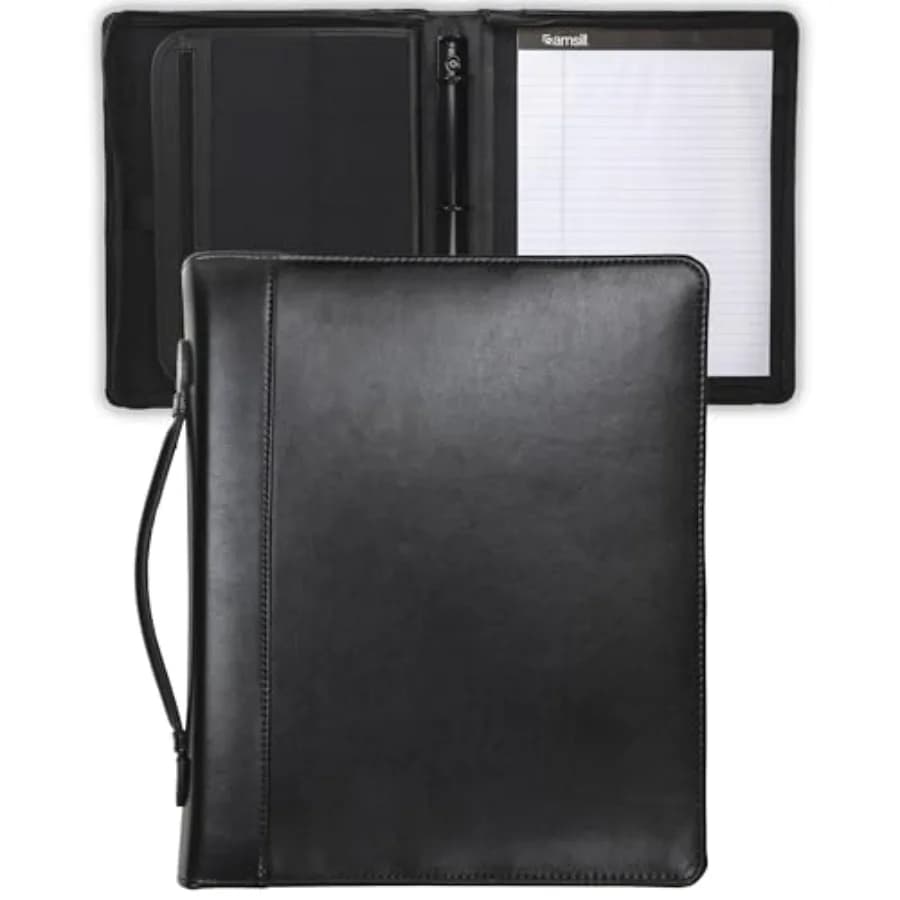 Portadocumenti in Pelle Regal con Cerniera, Raccoglitore ad Anelli da 1 Pollice, Maniglia per il Trasporto, Tasca Interna per Tablet da 10.1 Pollici, Blocco per Scrittura Formato Lettera, Nero