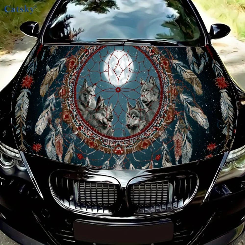 Dark Dreamcatcher and Wolf Car Hood Sticker, Personalized & Trendy Auto Art Decal, Self-adhesive Waterproof Car Exterior Vinyl W