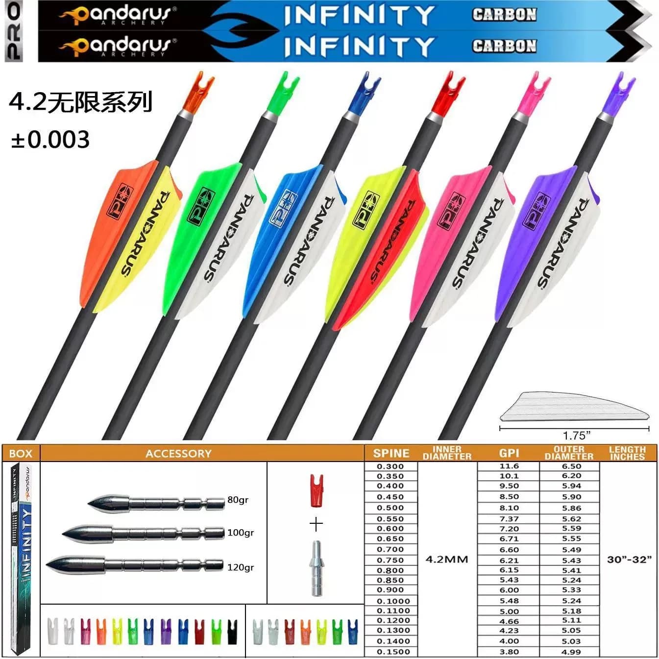 12 Pezzi Frecce in Carbonio Puro Pandarus INFINITY ID4.2mm Spine 400 500 600 700 800 900 1000 1100 1200 1300 1500 per Tiro al Bersaglio