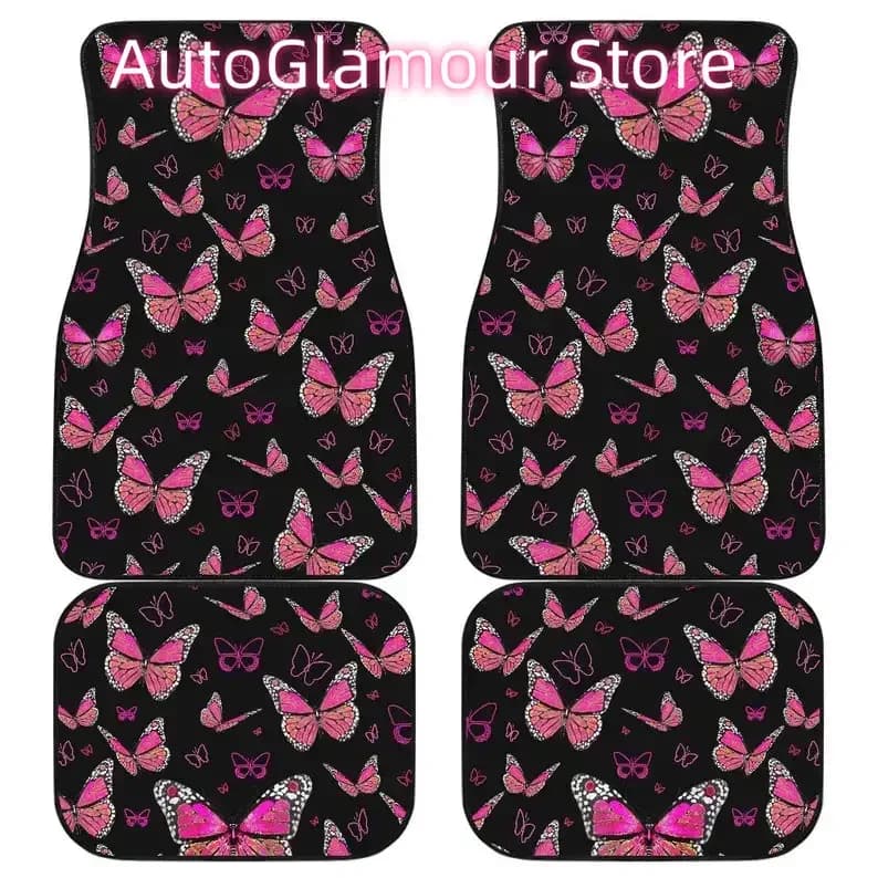 Set of 4 car mats with front and back pink butterflies black