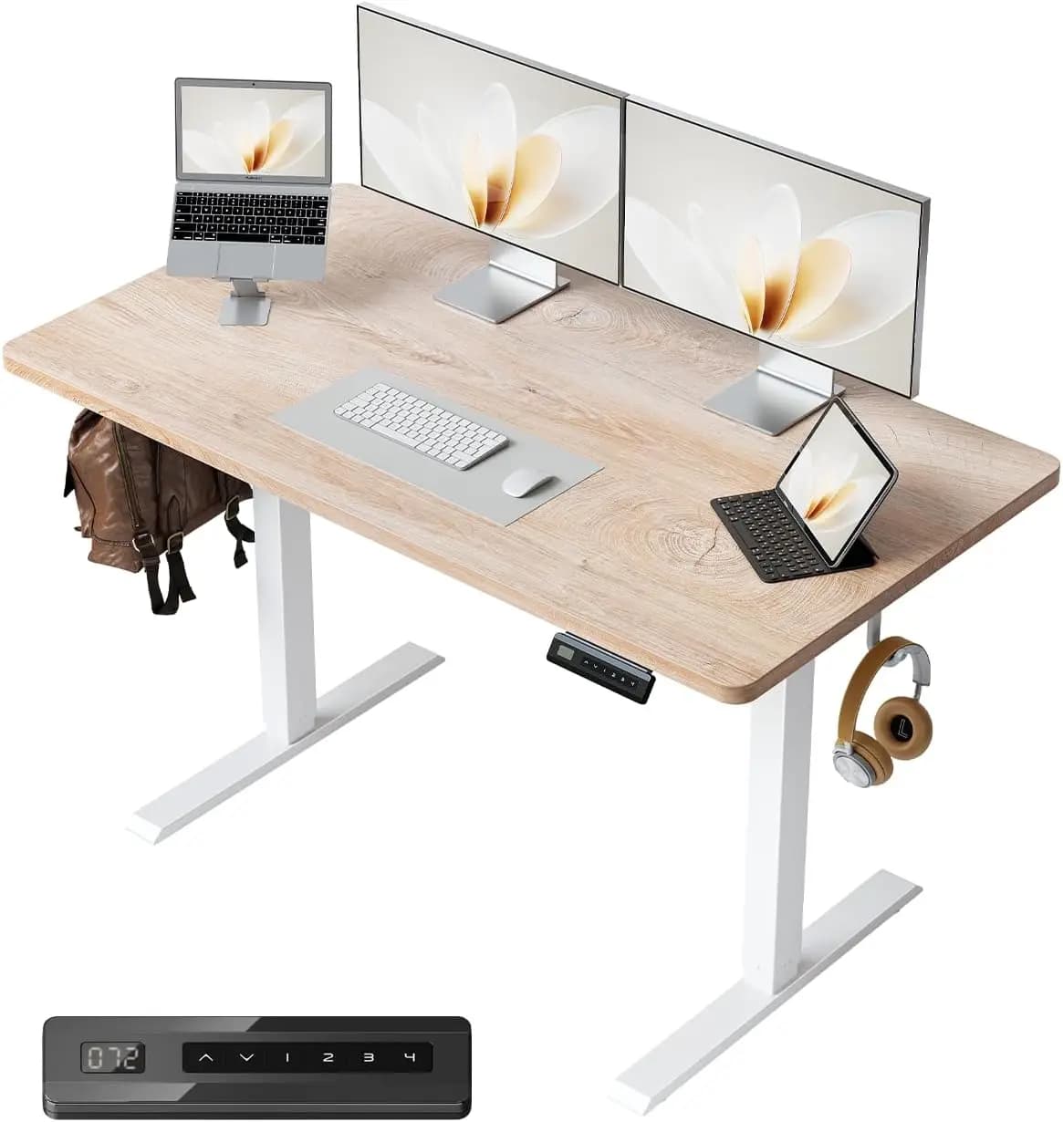 Adjustable Height Electric Standing Desk, 40x24 Inch Small One-Piece Sit Stand Workstation for Home Office Computer, with 4 Memory Presets and Headphone Hook, Maple