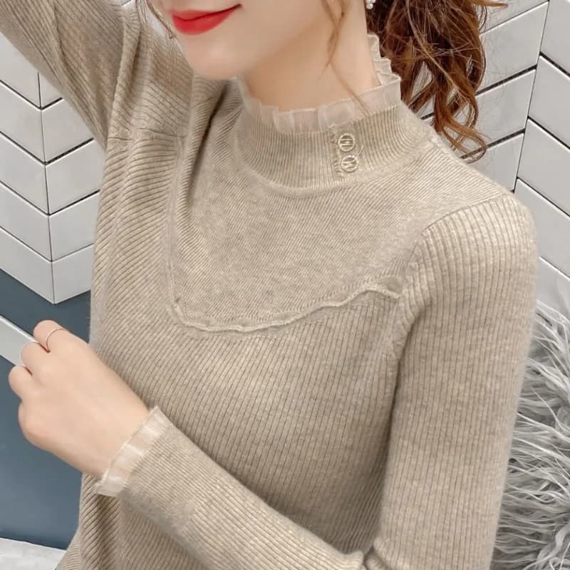 Pullover da donna autunno e inverno tinta unita mezzo collo alto maglia di pizzo manica lunga maglione Slim Fit maglieria FashionTopss