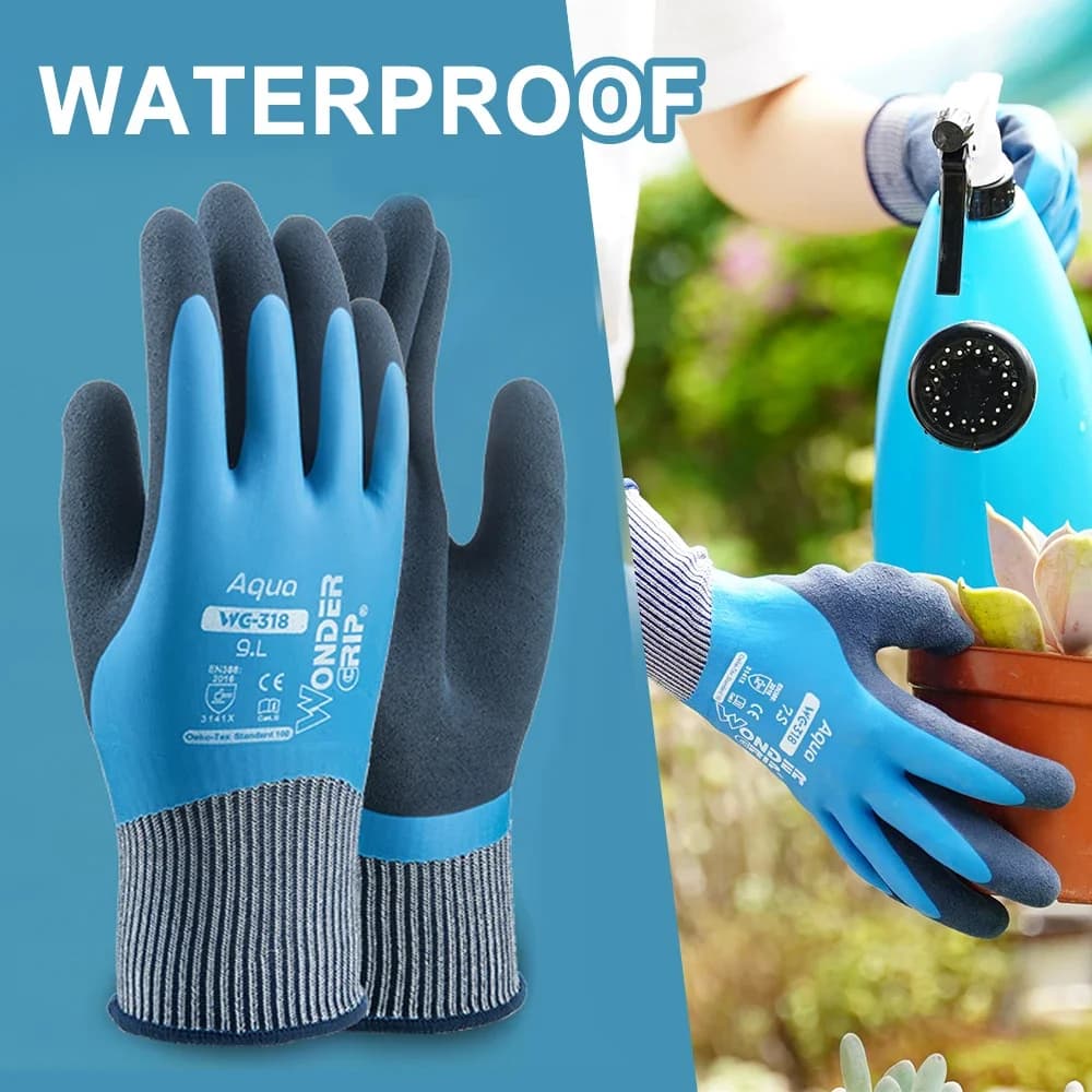 Wonder Grip Guanti da lavoro in nylon blu completamente rivestito impermeabili in lattice Guanti da giardinaggio con protezione resistente al freddo