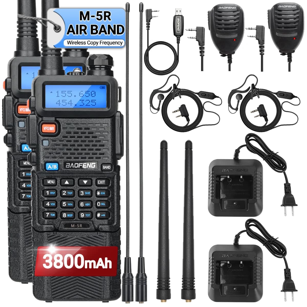 1/2PCS Baofeng M-5R Walkie Talkie Air Band 3800mAh Batteria Frequenza di copia wireless A lungo raggio AM Ham UV-5R K5 Radio bidirezionale
