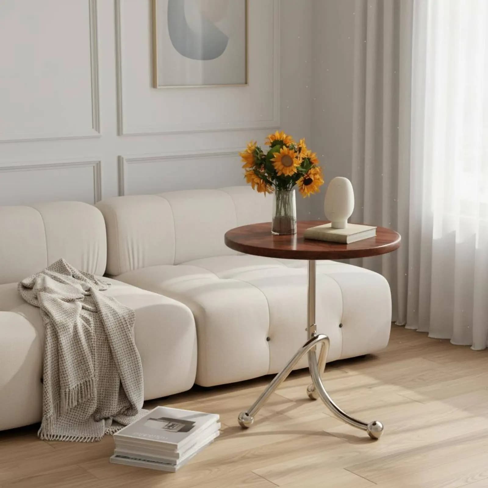 Tavolino Rotondo Stile Nordico Minimalista, Comodino con Gambe Cromate, Facile da Pulire, Arredamento per Soggiorno