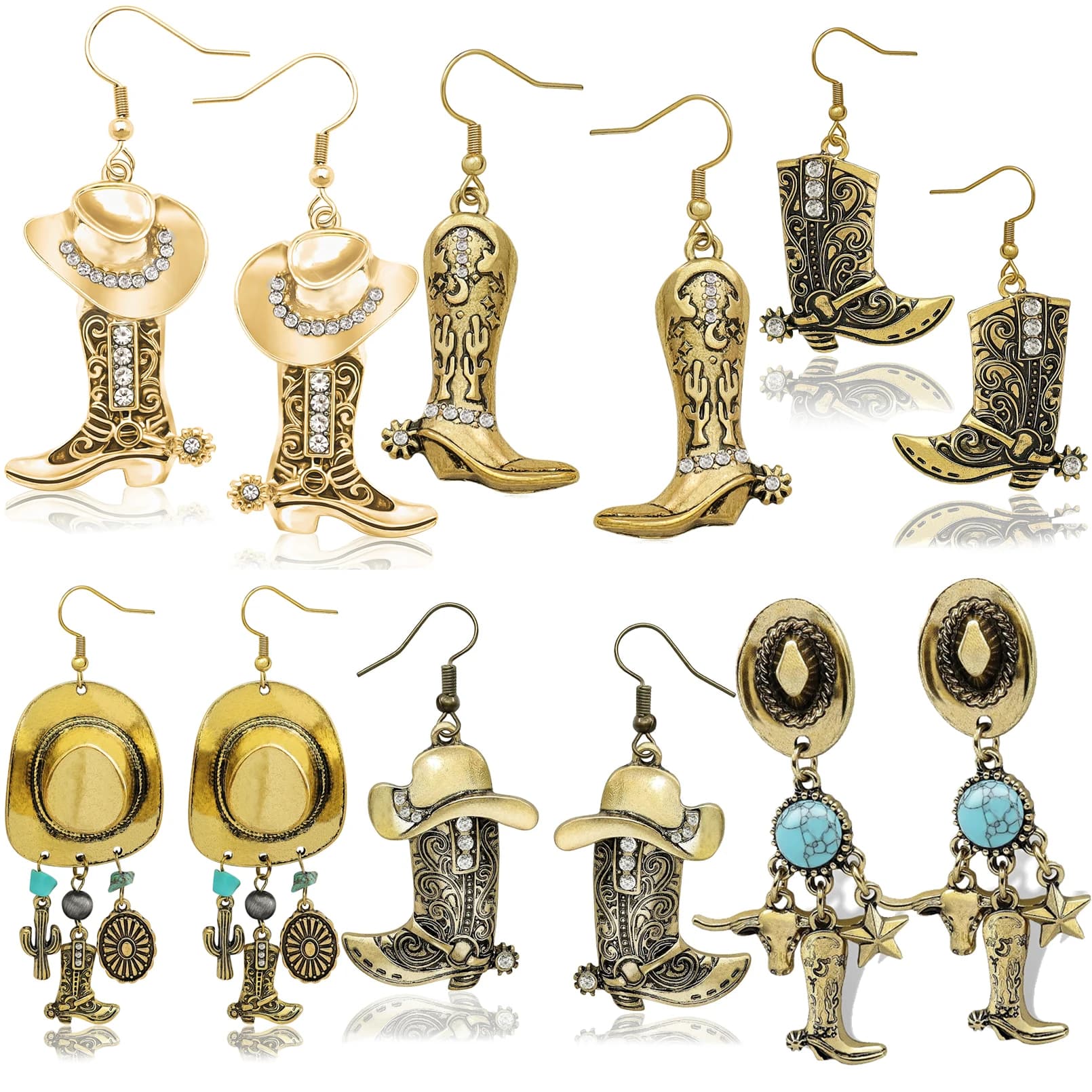 Cappello da cowboy occidentale color oro vintage Stivali Orecchini con testa di mucca per le donne Trendy Cowgirl Rodeo Texas Spur Orecchini pendenti Gioielli