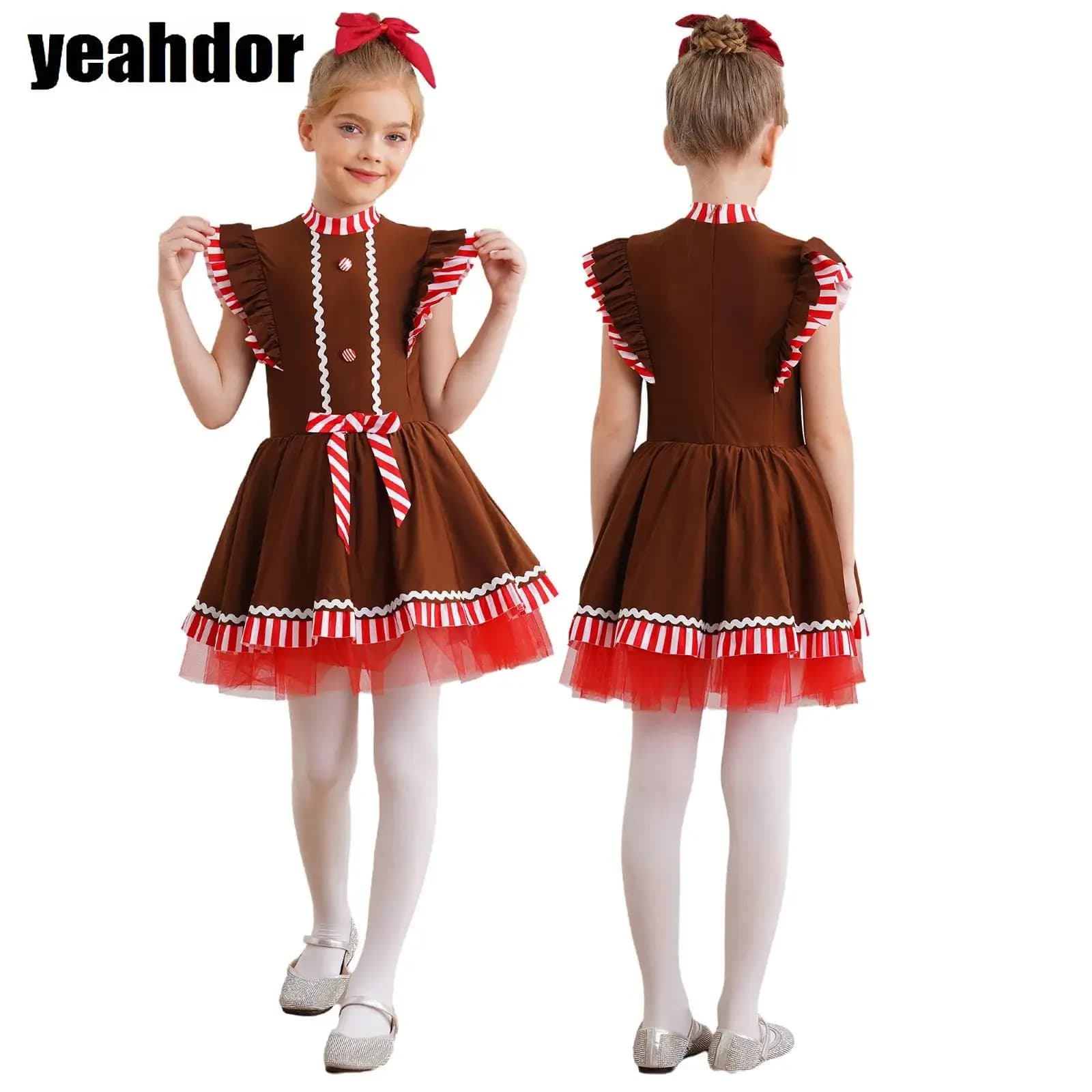 Costume da uomo di pan di zenzero di Natale per ragazze, bastoncino di zucchero, strisce di biscotto di Babbo Natale, vestito da tutu, pattinaggio, balletto, danza, body, abito in velluto