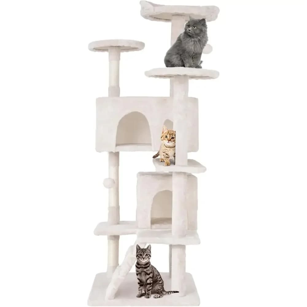 Multi-Level Beige Cat Tree Tower with Scratching Post and Toys for Kittens