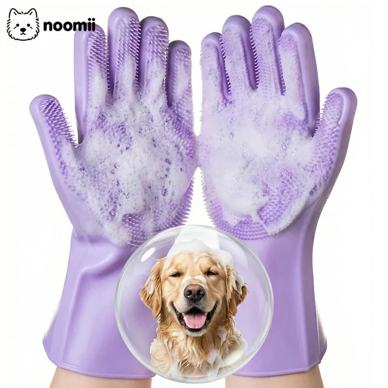 Guanto per la toelettatura e il bagno di animali domestici, per cani e gatti, con funzione di shampoo, scrub, massaggio e pulizia, in silicone, per la rimozione dei peli