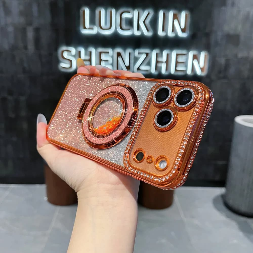 Custodia per telefono creativa con supporto magnetico per sabbia, adatta per iPhone 17 Pro Max, cover protettiva di lusso con bordo in strass per iPhone Air