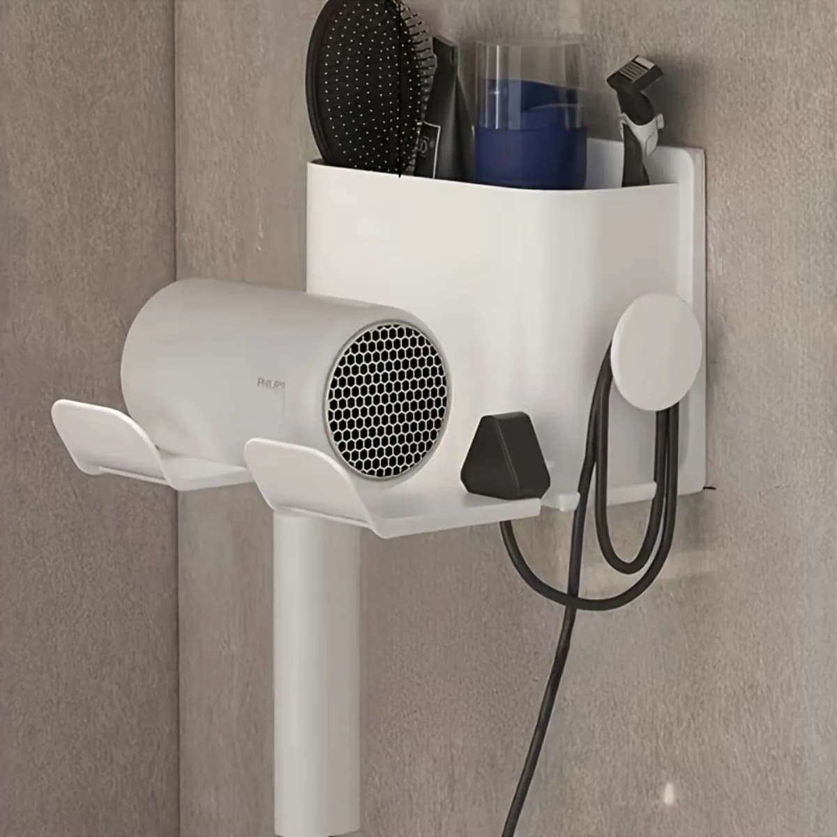 Supporto per asciugacapelli da parete – Con slot per pettine e porta rasoio, organizer da bagno in ABS resistente