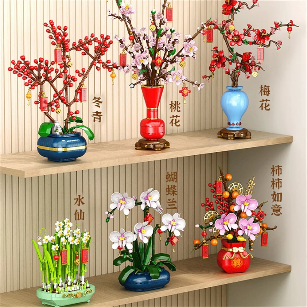 Mattoncini Bonsai Eterni: Bouquet di Fiori di Prugna, Pesco e Orchidea, Piante in Vaso, Blocchi da Costruzione, Decorazioni per la Casa di Capodanno