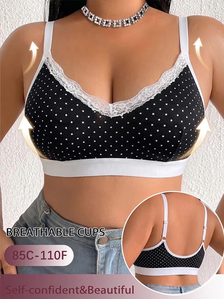 1XL-4XL Plus Size Underwear Polka Dot Lace Bralette Wireless Adjustable Support Bra for Big Bust Anti-Sagging Sexy Lingerie