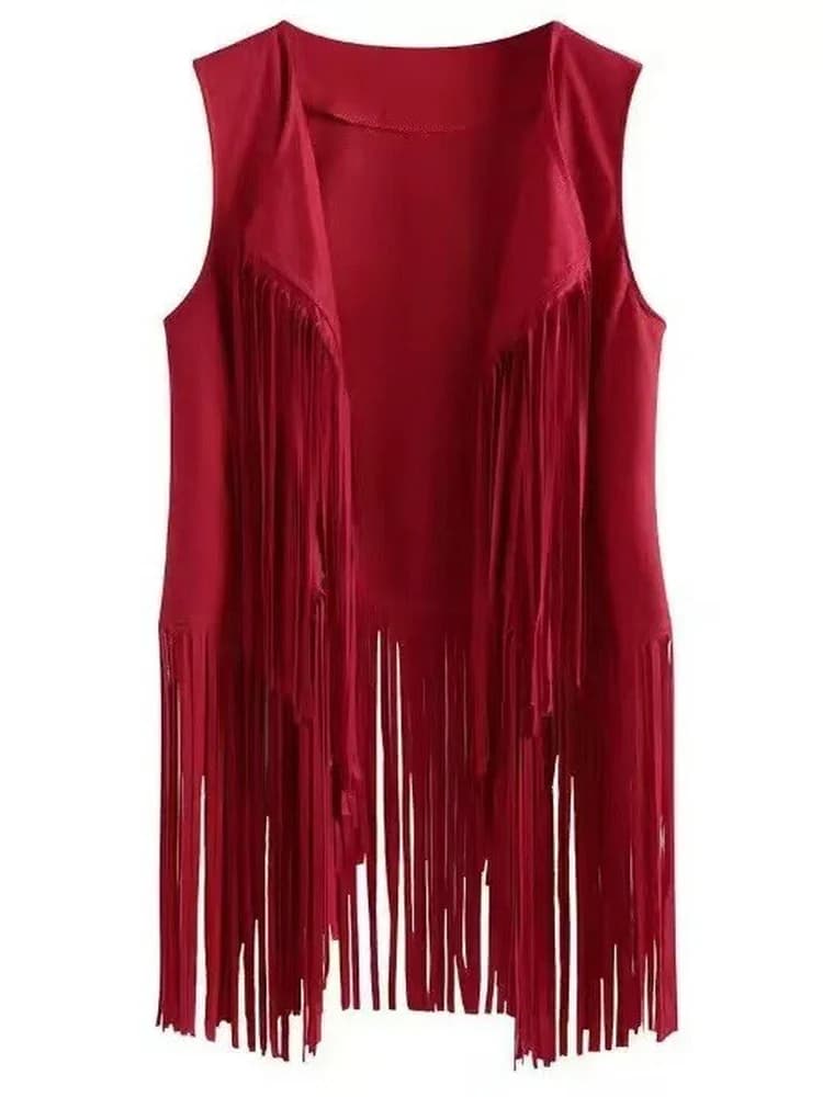 Retro Women's Deer Skin Fringed Waistcoat Jacket No Button Mid-Length Open Cardigan Style Pure Color Winter Outerwear