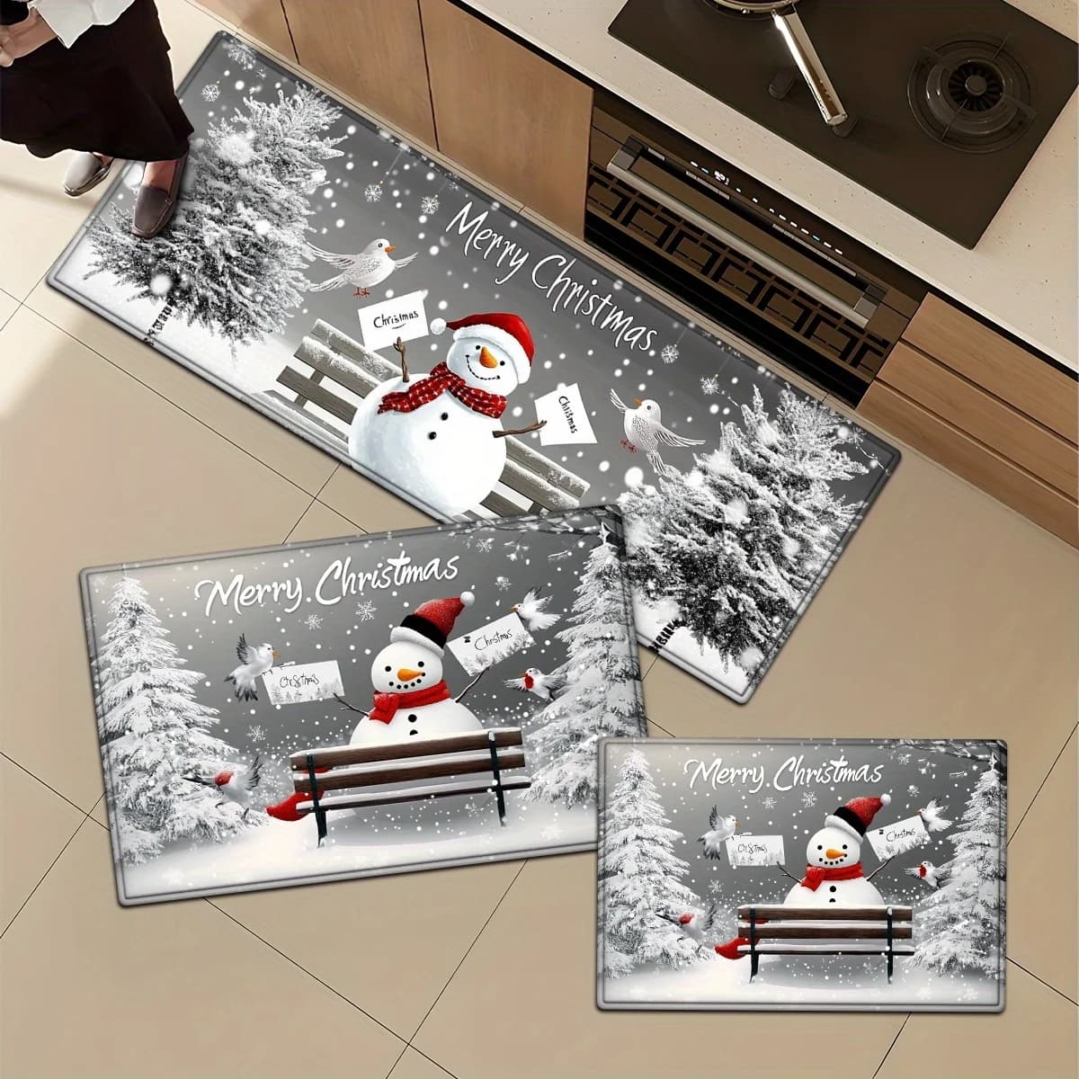 Grey Christmas Snowman Long Floor Mat Grey Tree Bird Bedside Laundry Room Hallway Sofa Side Bathroom Kitchen Door Mat