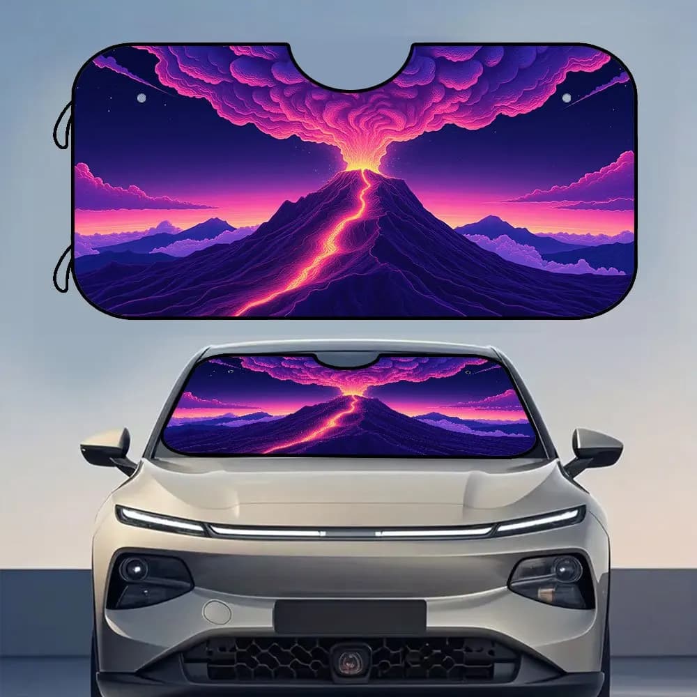 1 pezzo, parasole per parabrezza anteriore universale per auto con stampa viola Vulcano Papercut, realizzato in fibra di poliestere, progettato per l'uso anteriore, Fea