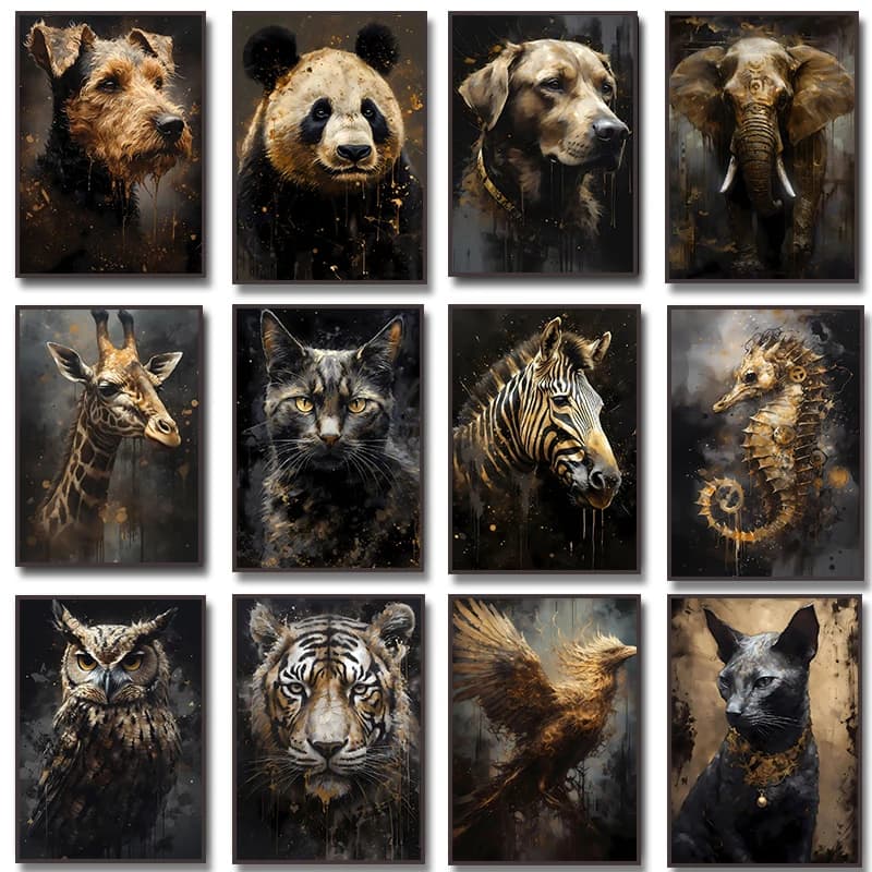 (No frame)Black and Gold Animals Zebra Cat Dog Panda Owl Bear Elephant Poster and Prints Canvas Painting Wall Art Pictures Ho