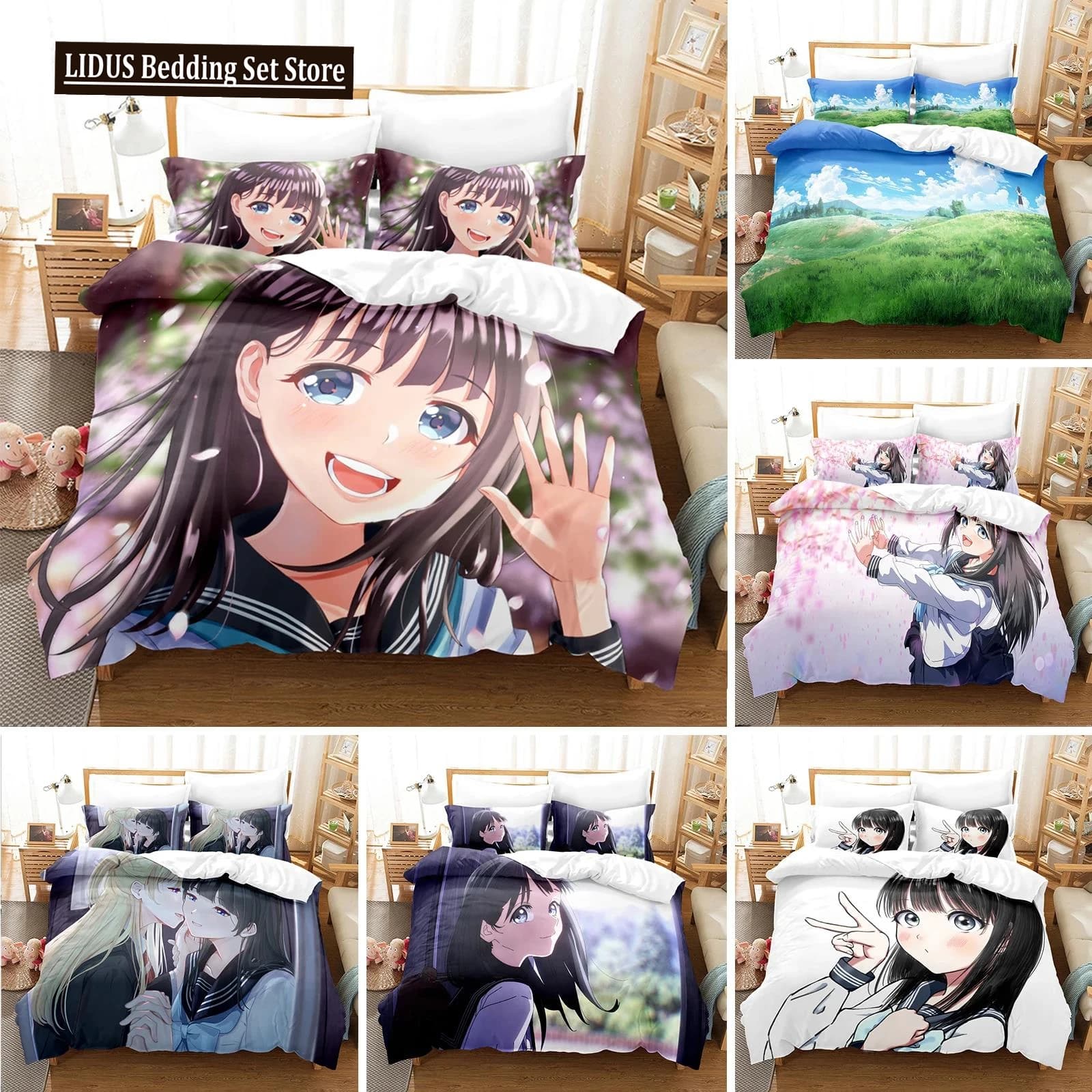 Set di Biancheria da Letto con Stampa 3D dell'Uniforme da Marinaio di Akebi, Copripiumino Anime per Letto Singolo, Matrimoniale, Queen, King, per Adulti e Bambini