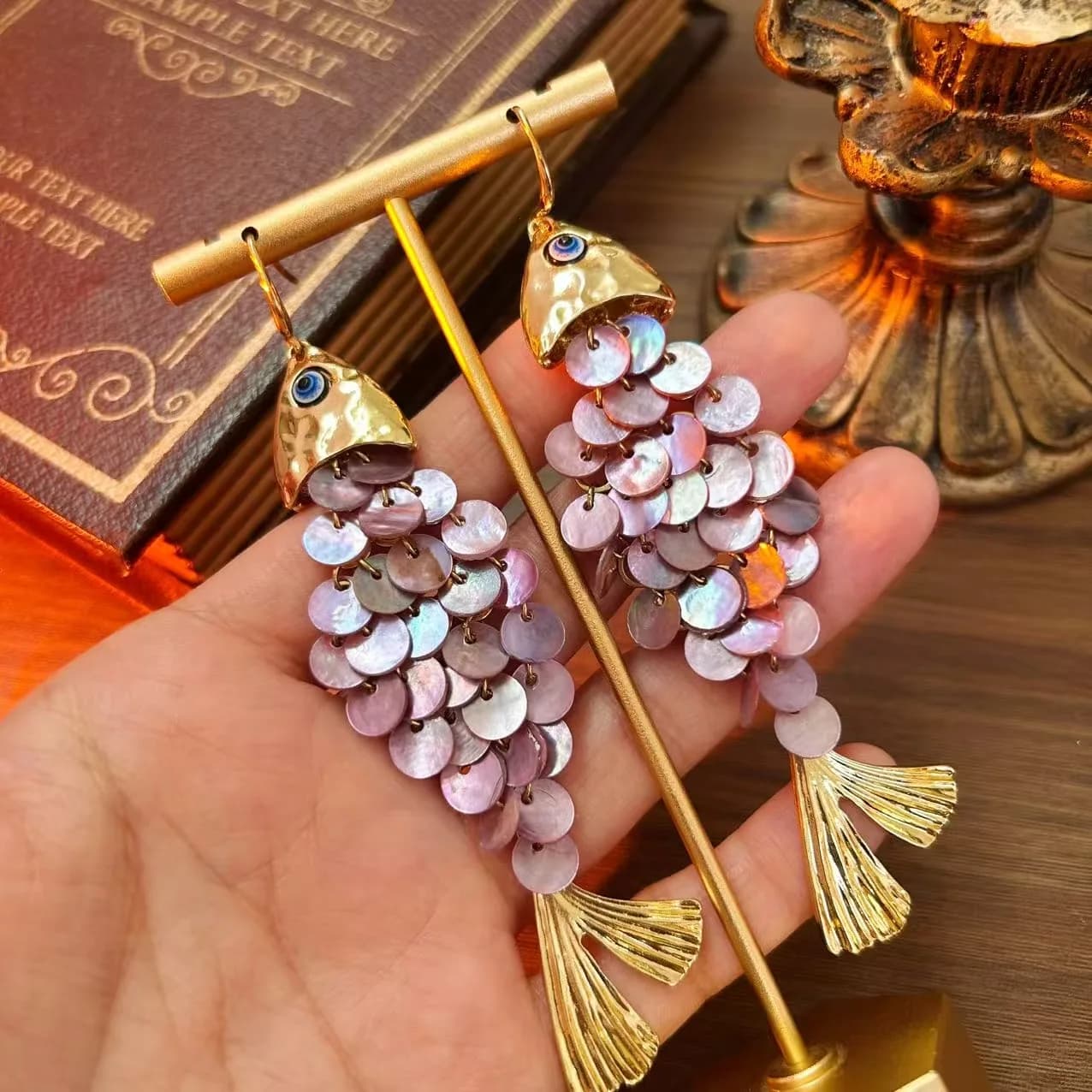 Koi Fish Tassel Earrings, Vintage Purple Shell Dangle Earrings for Women, Luxury Exaggerated Beach Holiday Jewelry Gift