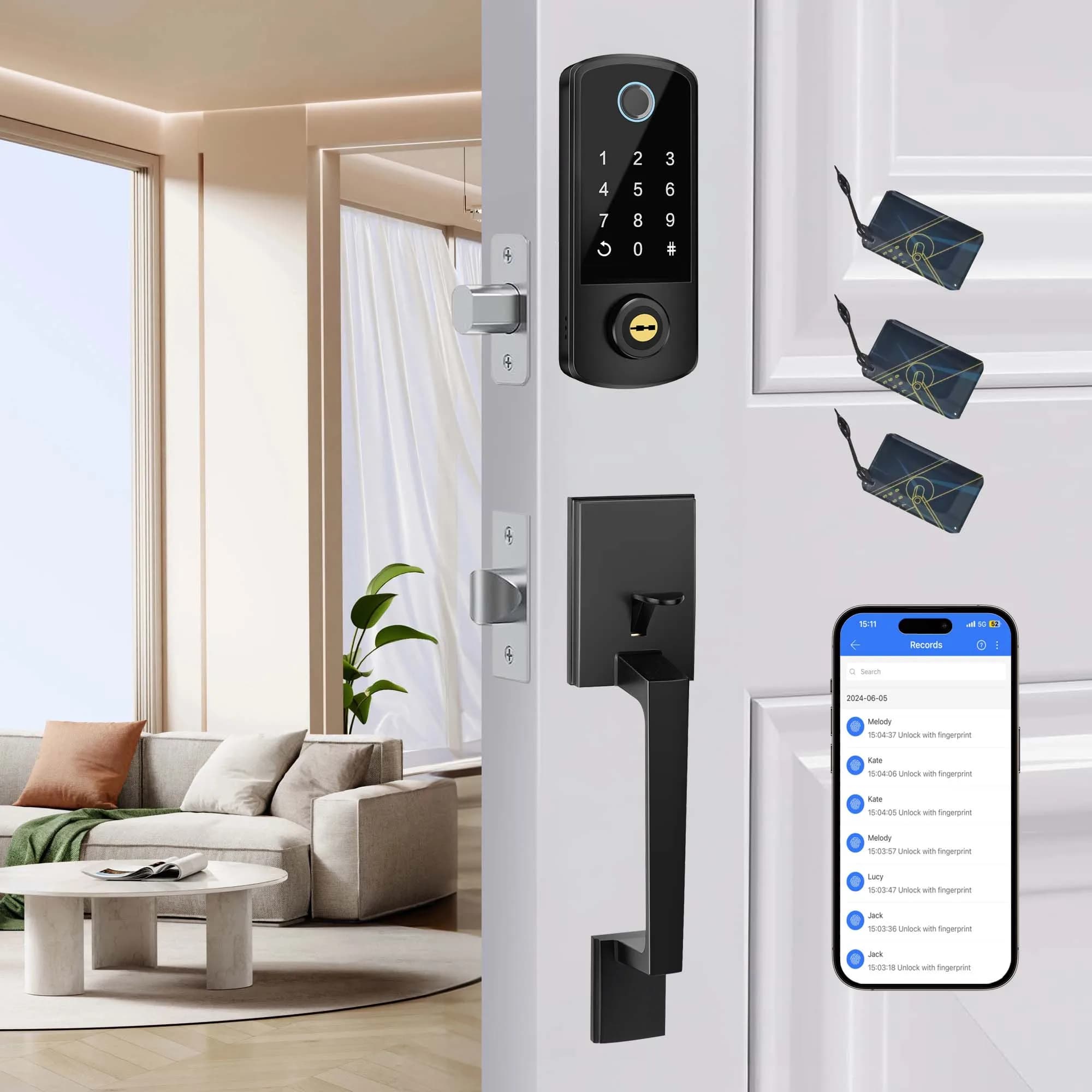 Serratura per Porta Senza Chiave con Maniglie, Serratura Biometrica per Porta, Serrature Intelligenti per Porta d'Ingresso, Controllo Completo tramite App Elettronica