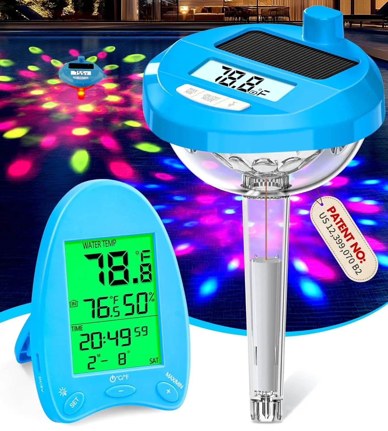 Wireless Solar Pool Thermometer with Light Show and Backlit Display for Night Reading