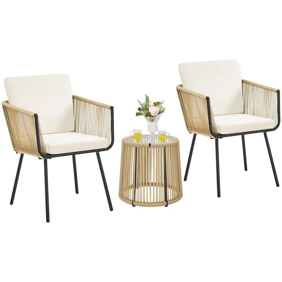 Set da bistrot da patio in 3 pezzi, set da conversazione per esterni resistente alle intemperie con 2 sedie ergonomiche larghe, cuscini e tavolo con piano in vetro per veranda
