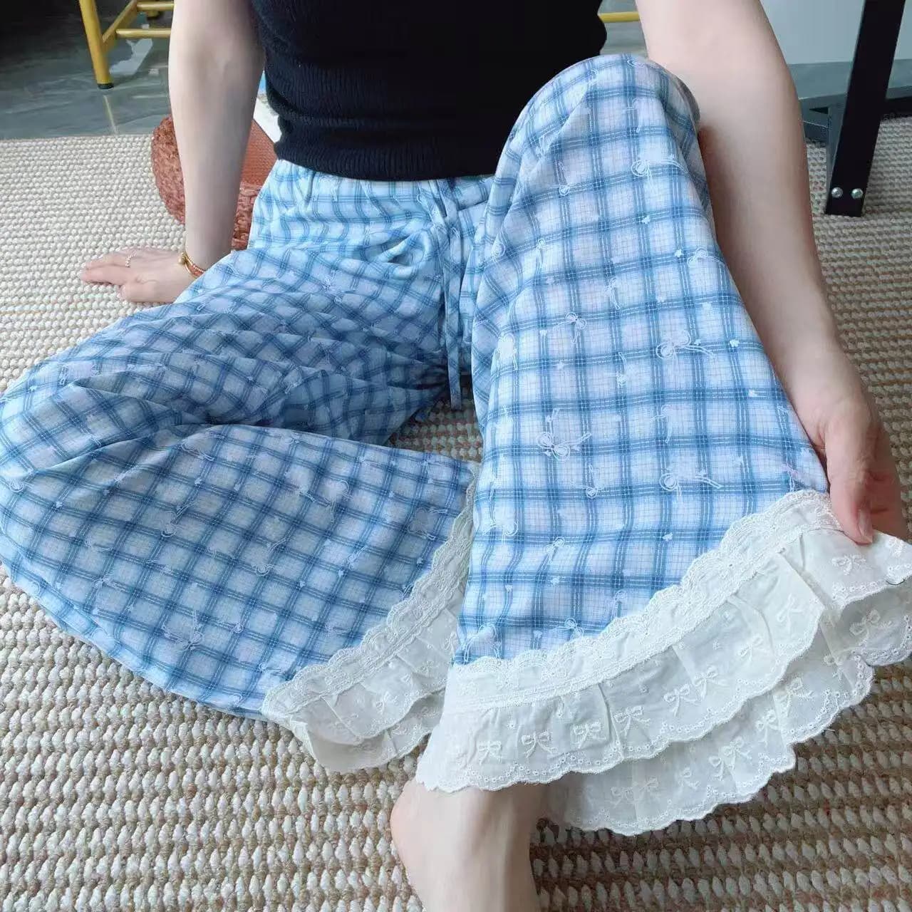 Women Summer Wide Leg Pants Floral Plaid Print Elastic Waist Multi‑Layer Lace Ruffle Hem Loose Casual Loungewear Pajama Pants