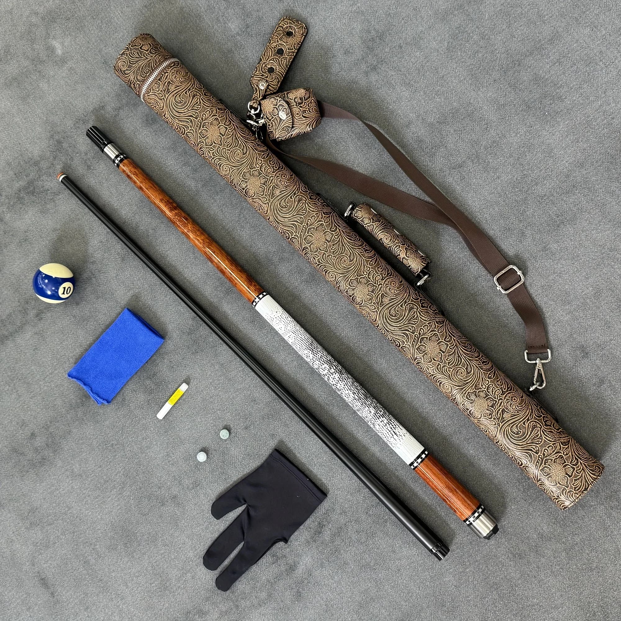 New Style Golden Brown Handmade Embossed Cue Case, 12.5mm Tip, Equipped with High-Quality Carbon Fiber Pool Cue, 5-Piece Accesso