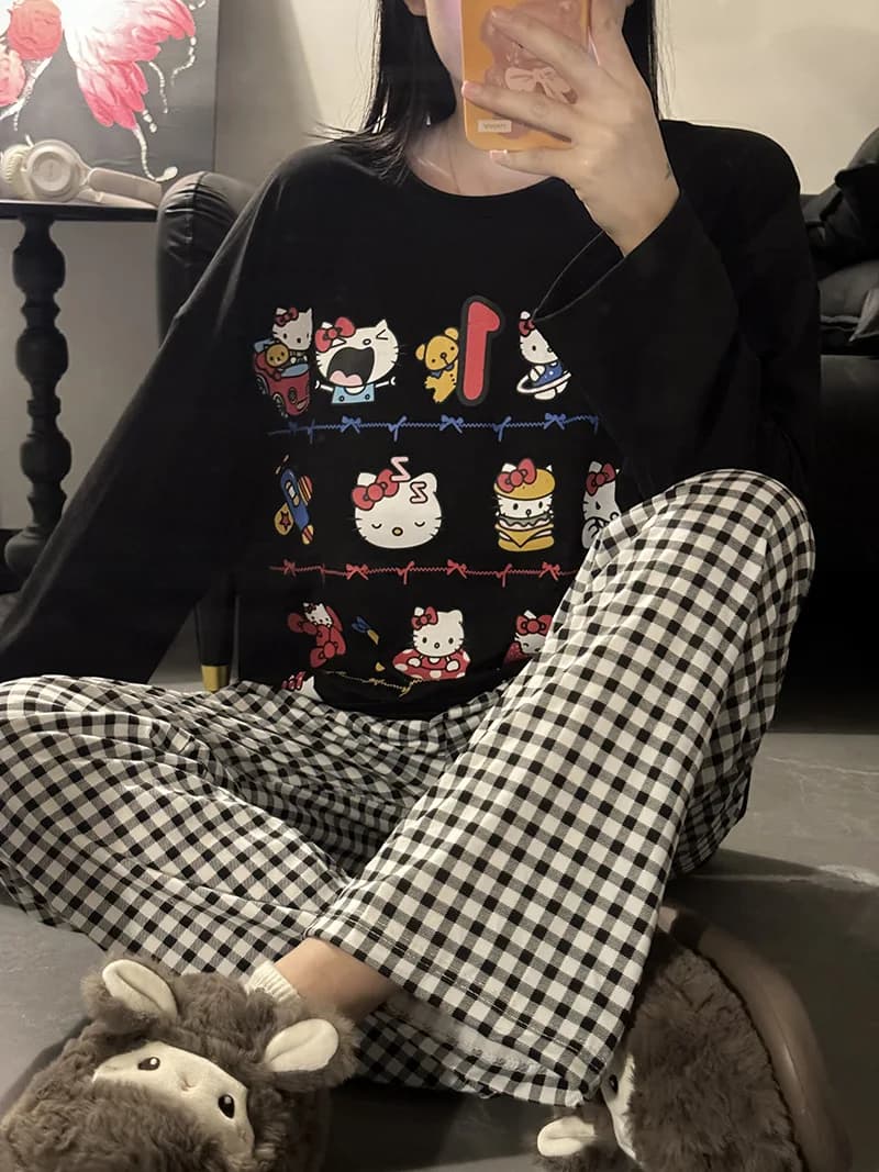 Pigiama da Donna in Cotone Anime Hello Kitty, Set Primaverile e Autunnale, Comodo con Collo Tondo, Casual, Semplice, Maniche Lunghe e Pantaloni Lunghi, Stile Cartone Animato