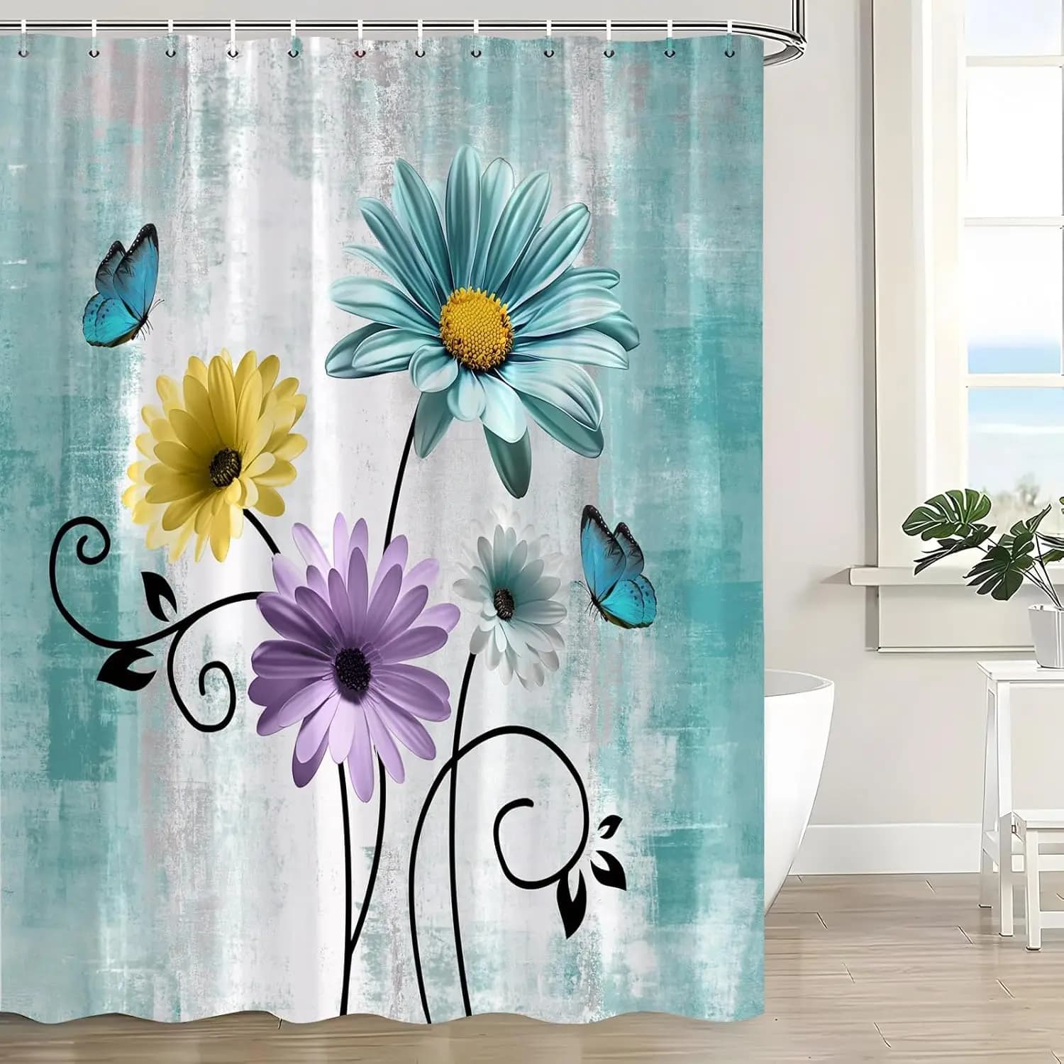 Tenda da doccia rustica per fattoria, margherita viola, fiori floreali e farfalle, tenda da bagno di arte astratta country con ganci